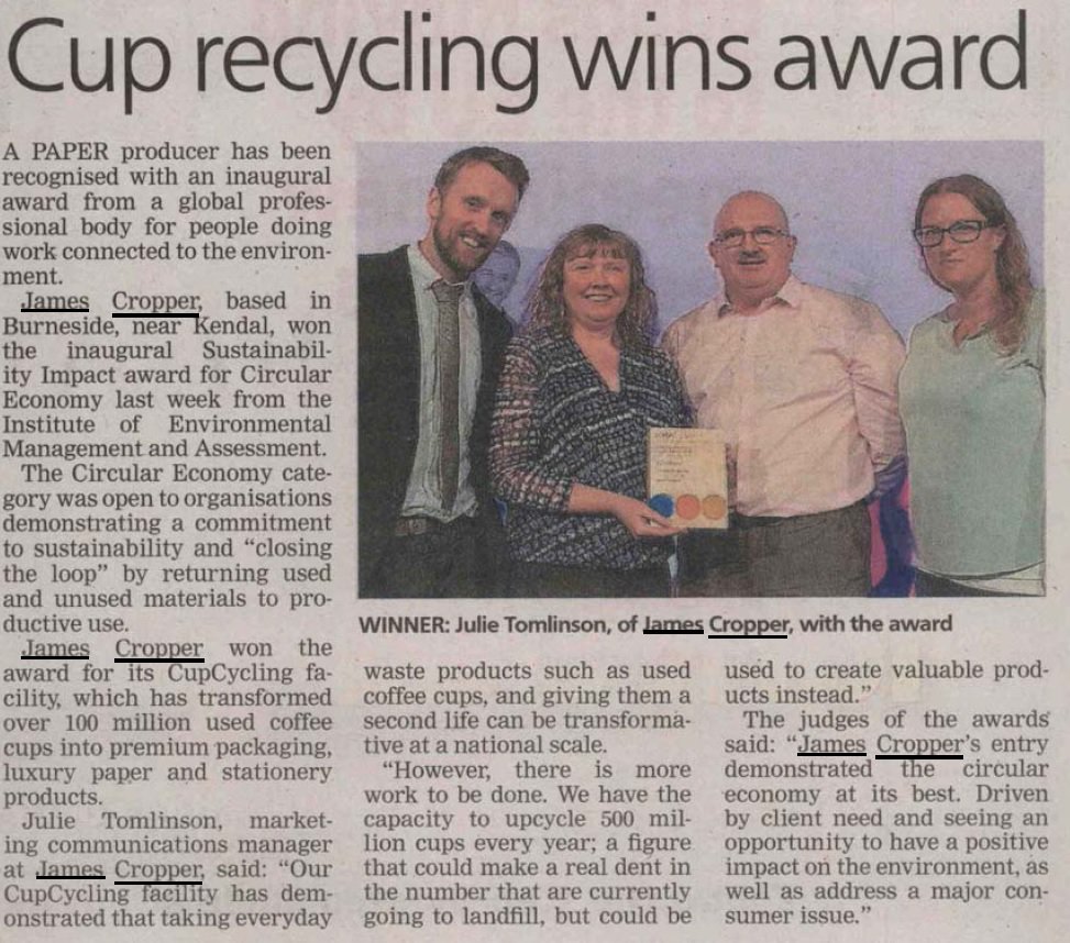 jamescropper's tweet photo. Coverage thanks to @NWEMlive &amp; @newsandstar 
Find out more here https://t.co/hYFgd4L5OK
@iemanet #IEMAawards19 ✅🌳🙏♻️ 🏆 😎🌈
#coffeecups #papercups #recycling #IEMAwinner
#sustainability #sustainablepackaging #Cumbria https://t.co/avkH4TmFX9