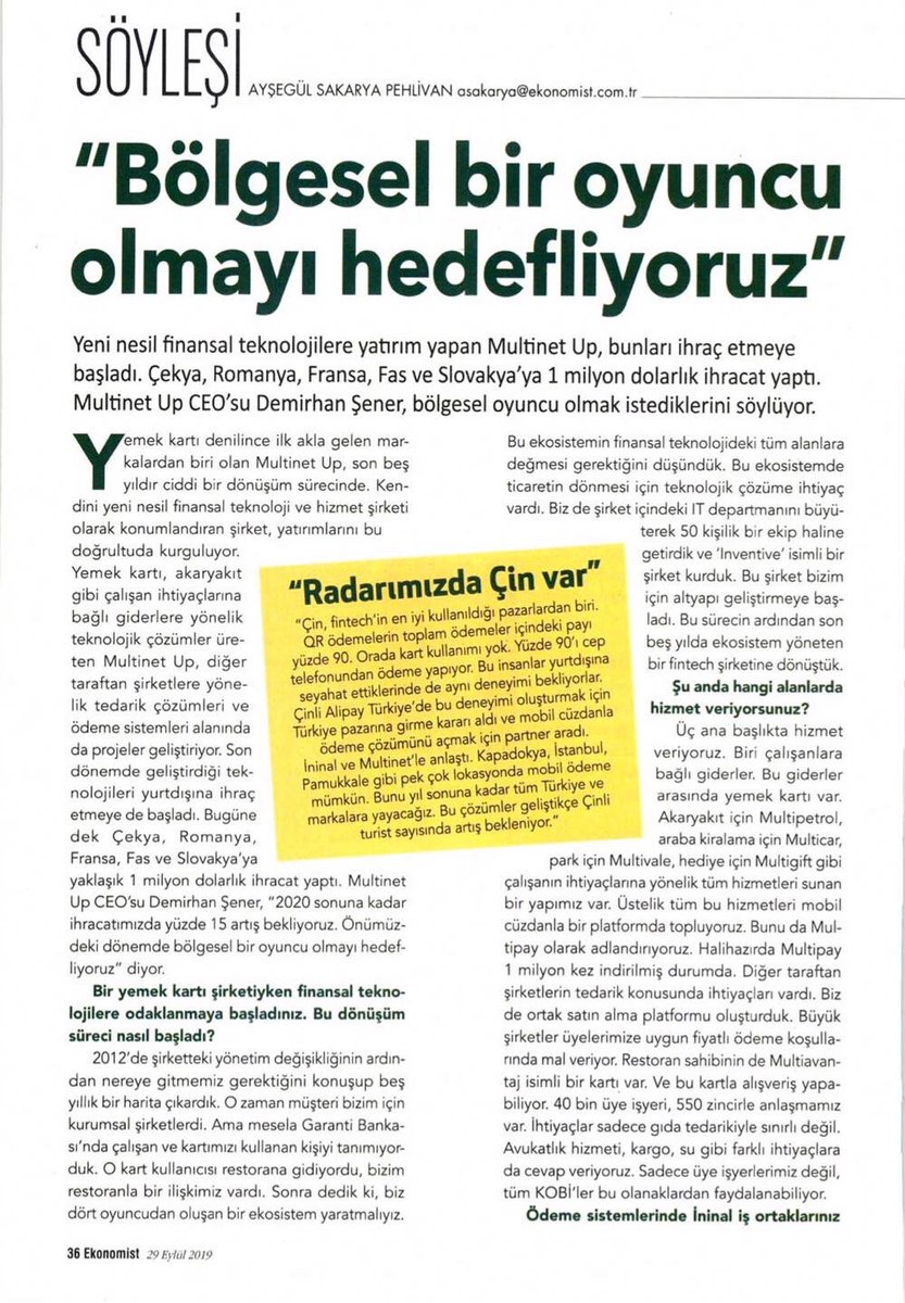 CEO’muz Sn. Demirhan Şener, #ekonomistdergisi’nde  Multinet Up ekosisteminin nasıl oluştuğunu anlattı. Söyleşinin tamamını Ekonomist dergisinin bu haftaki sayısında okuyabilirsiniz.