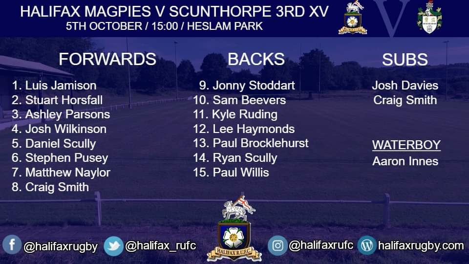 Today's team lineups 🏉Magpies v Scunthorpe (AWAY) 3pm