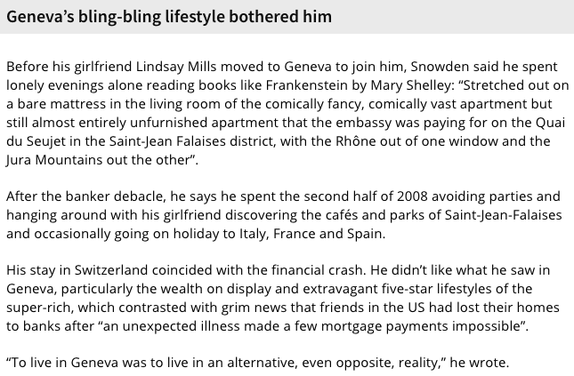 27) The article ends with a revealing quote from Snowden."'To live in Geneva was to live in an alternative, even opposite, reality,' he wrote."Snowden may very well be a treasonous black hat.But regardless…what exactly was he trying to say here? 