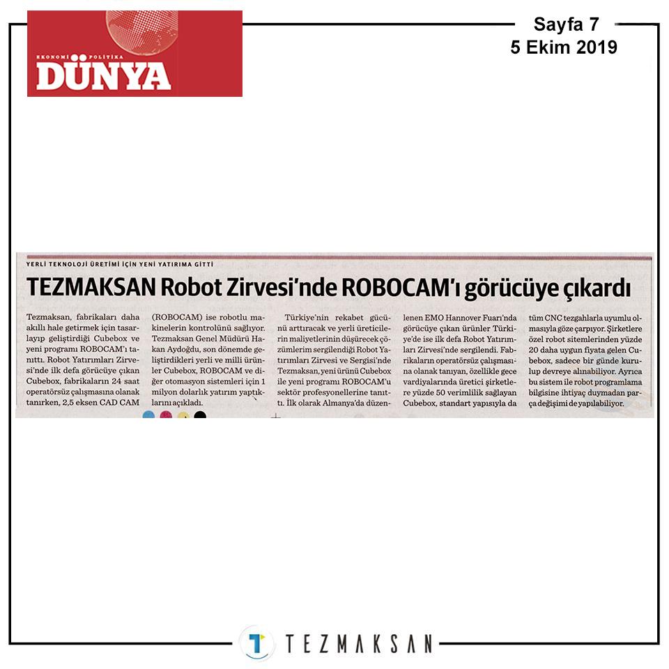 TezmaksanMakina's tweet photo. "TEZMAKSAN Robot Zirvesi'nde ROBOCAM'ı görücüye çıkardı"
Bugün Dünya Gazetesi'ndeyiz 📰
Mutlu hafta sonları 😊
#cubebox #robocam #robotyatırımlarızirvesi #robotlumakine #hakanaydogdu #yerliüretim #otomasyon #robotluotomasyon #cnc #cnctezgah #robotprogramlama  #cumartesi https://t.co/Ky0YeSwRQJ