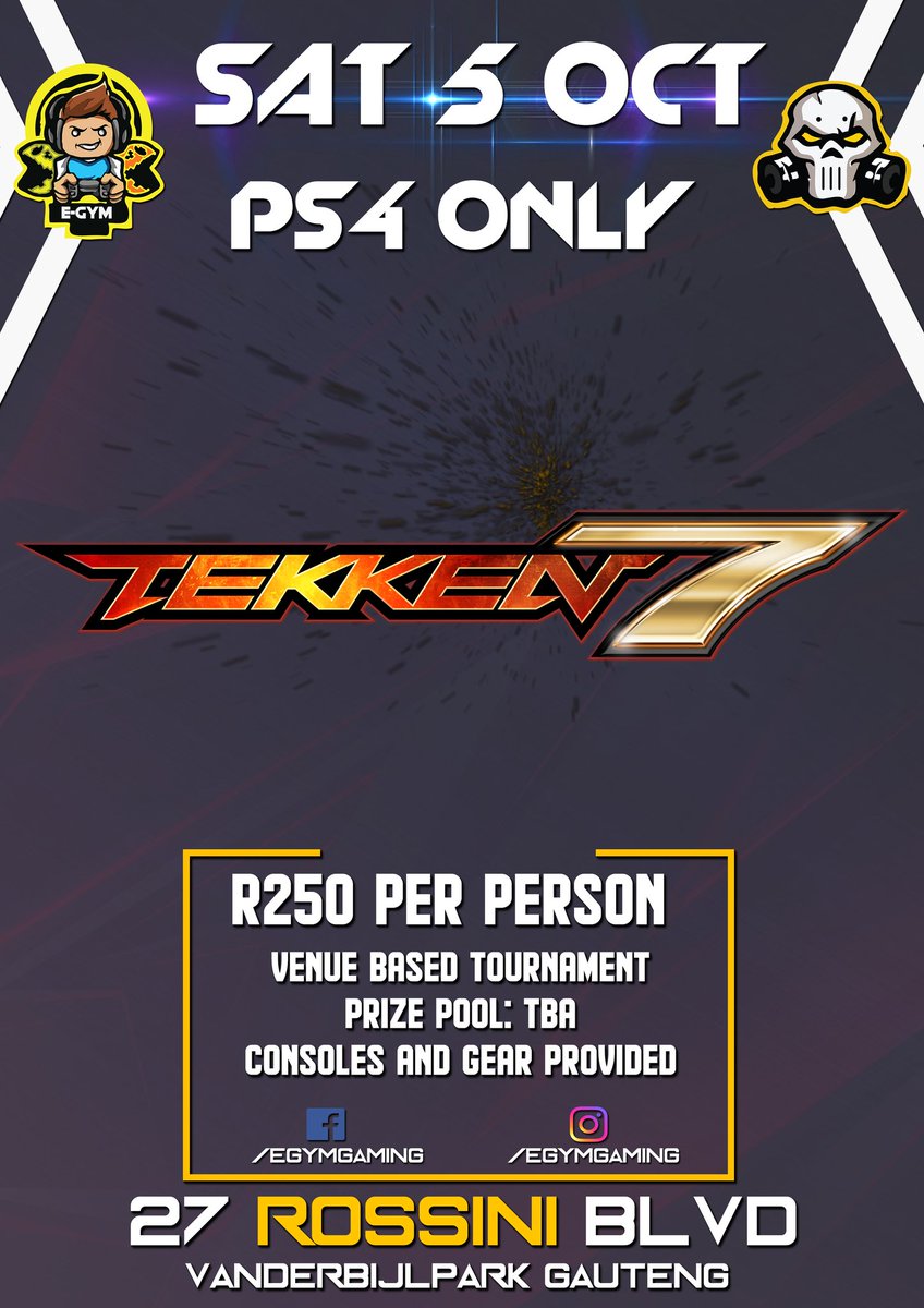 gym_lounge's tweet photo. Hi everyone. Remember about the Teken 7 PS4 tournament today being held at the E-Gym Gaming Lounge . It starts at 10am. Registrations will be done at the lounge.
#gaming #esports #Tekken7 #ps4 #gamingsouthafrica #southafricagaming #playstationsouthafrica https://t.co/tHjWapAGv1