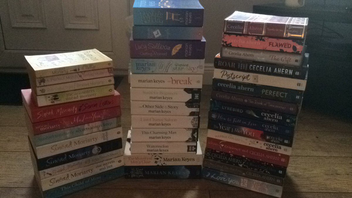 tashaberty's tweet photo. When you’re packing up your house.. my three favourite authors because who can pick one! ❤️😍 @sinead_moriarty @MarianKeyes @Cecelia_Ahern https://t.co/OwloHkZy62