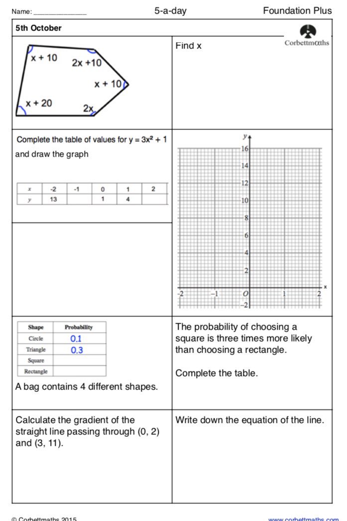Corbettmaths's tweet photo. Studying for Foundation GCSE Maths? Try today's Foundation or the challenging Foundation Plus #maths5aday answers: https://t.co/Y2d5yO3ihj https://t.co/H8sUbM2HDE