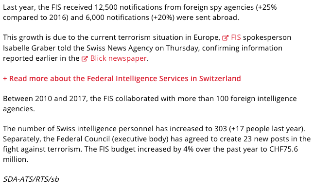 30) The article goes on to state that FIS collaborated with more than 100 foreign intelligence agencies from 2010 to 2017.The level of collaboration sounds excessively high for a country that isn't exactly at war with anyone.