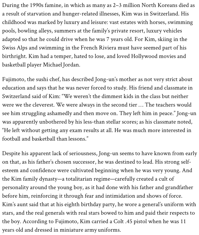 31) This is where things get a little weird.The current supreme leader of North Korea, Kim Jong Un, spent part of his childhood in Switzerland, as highlighted by this 2018 Brookings Institution essay - written by former CIA analyst Jung H. Pak, no less. https://www.brookings.edu/essay/the-education-of-kim-jong-un/