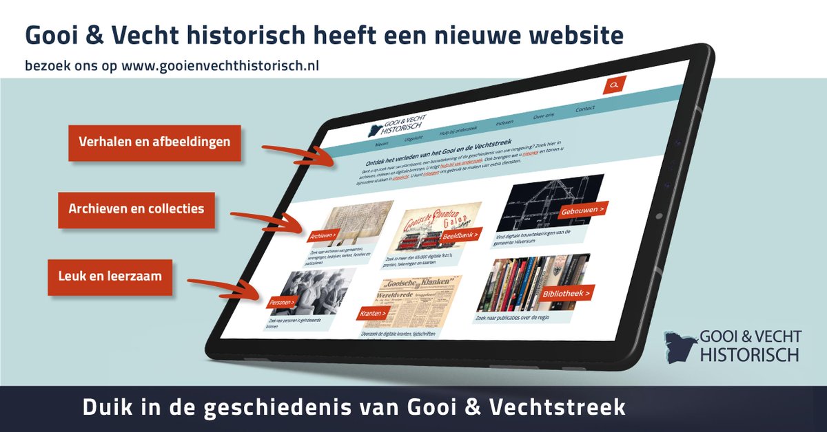 De website www.gooienvechthistorisch is na 10 jr vernieuwd. Rondneuzen 👀 in het digitaal archief van personen, regionale kranten, foto’s, prenten, kaarten en nog veel meer. Interessant voor iedereen die geïnteresseerd is in het verleden van het Gooi en de Vechtstreek.