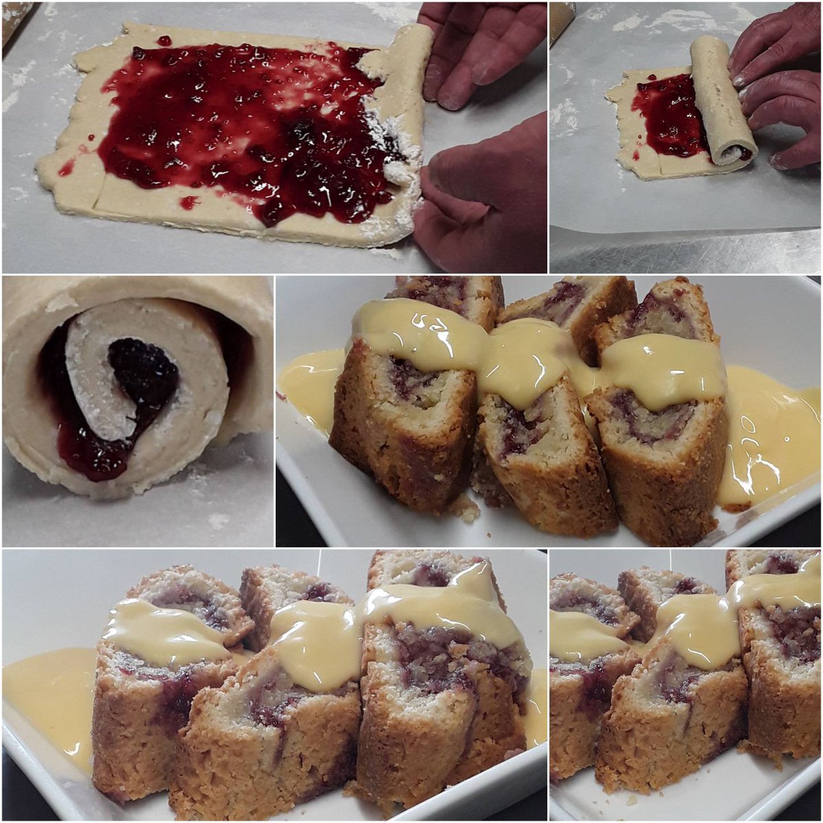 BoycottFarm's tweet photo. Our homemade jam rolly poly with our very own raspberry jam served with hot custard. Perfect comfort pudding on this cold and grey Saturday. https://t.co/RK01pXUmIo