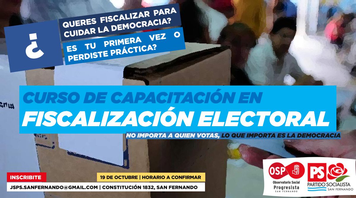 ps_sanfernando's tweet photo. 👀✊ VALE LA DEMOCRACIA, VALE TU VOTO 🗳🇦🇷 Desde el Partido Socialista #SanFernando estamos buscando vecinos/as que quieran ser fiscales para las elecciones del 27 de Octubre. No nos importa a quién votas/votaste, nos importa la #Democracia. https://t.co/y2z6jgFokP