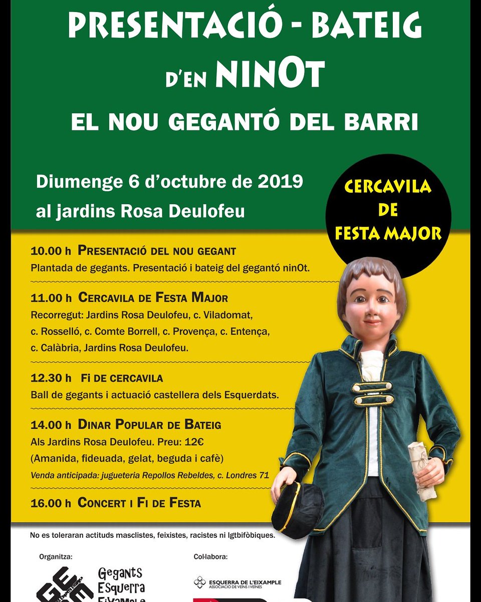 gegantseixesq's tweet photo. Demà serà el nostre gran dia:
PRESENTACIÓ BATEIG DEL GEGANTÓ NINOT.
✔10h Presentació del nou gegant
🎶11h Cercavila de Festa Major
🥁12.30h Ball de gegants i actuació castellera dels @Esquerdats
🍽14h Dinar popular de bateig
Us hi esperem! 
#FMEsqEixample 
#FemUnBarriGegant https://t.co/wVklGpBfwE