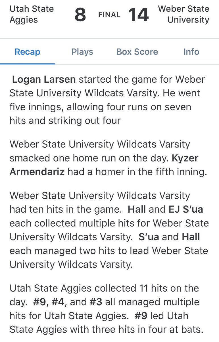 WeberBaseball20's tweet photo. Full Recap of last nights 14-8 win against the Utah State Aggies. We now improve to 5-1 on the season! #GoCats #PurpleReign https://t.co/IYsC5tnbfN