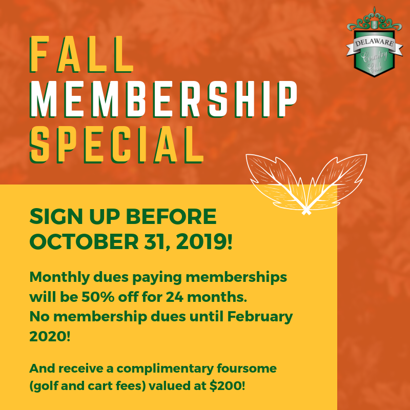 DCC_Muncie's tweet photo. Now is the time to become a member at Delaware Country Club! Sign up before October 31, 2019 to take advantage of our special offers!! #becomeamember #DCC #Ilovedcc #makingmemories #dccmembers https://t.co/cXU5VVwz0M