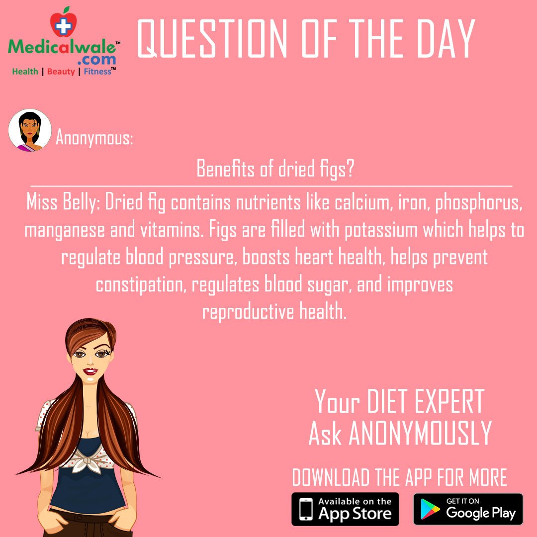 Medicalwalecom's tweet photo. Have any diet query?
Ask to our dietitian Miss Belly!

Download app- https://t.co/MOfWdFW4N8

#Medicalwale  #MissBelly #DietExpert #Diet #Benefits #DriedFigs #Nutrients #Calcium #Iron #Phosphorus #Manganese #Vitamins #Potassium #BloodPressure #HeartHealth #PreventConstipation https://t.co/8e5yPM3GuK