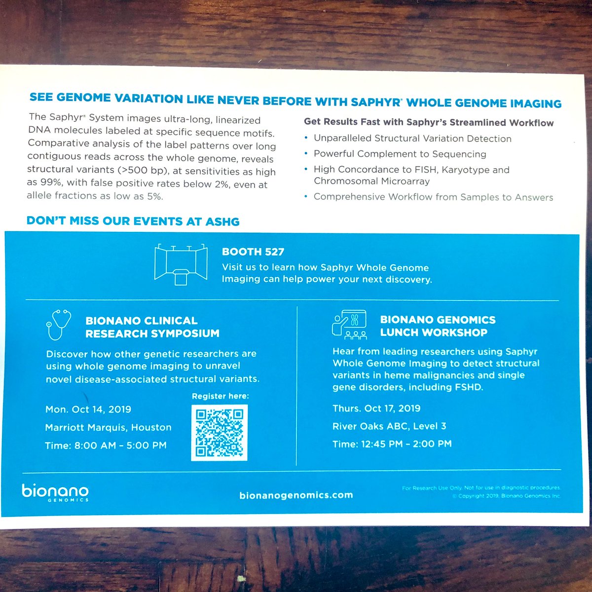 genomejunkie's tweet image. Did you get your #ASHG19 vendor card mailer? Be sure to come see me and the @bionanogenomics team at booth #527 and catch our 10/17 workshop.  With 2 platform talks + 18 posters featuring Bionano #opticalmapping data, it’s going to be our BEST @GeneticsSociety meeting yet! 

👇