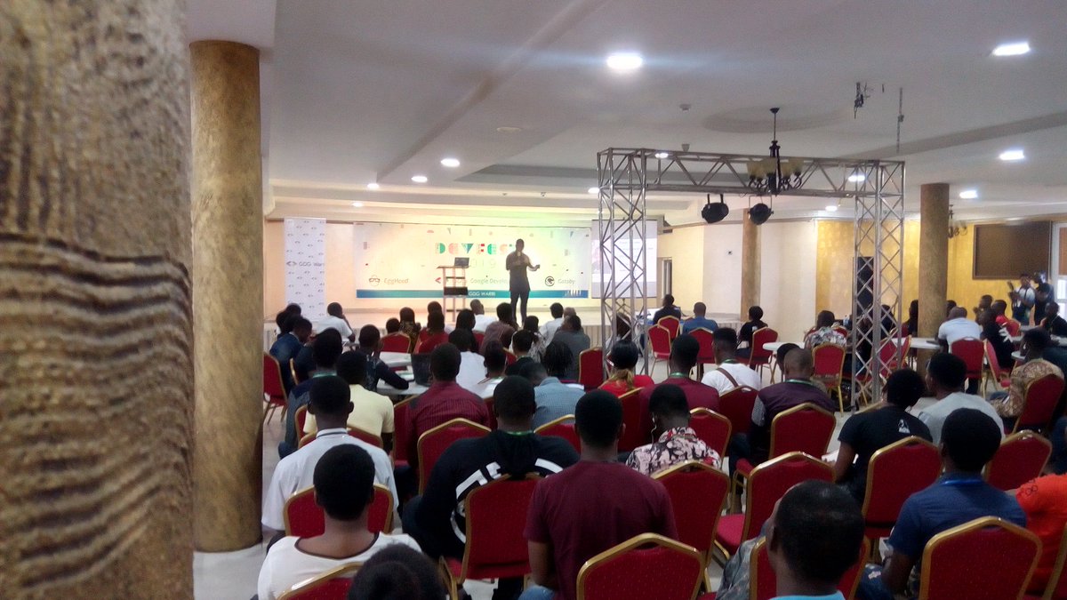 At #DevFest19 organized by GDG Warri community, We are now listening to a talk called "From Donkey to Unicorn" by <a href="/unicodeveloper/">Odogwu Machalla</a> <a href="/powered_people/">PoweredPeople</a>  <a href="/googleafrica/">Google in Africa</a>