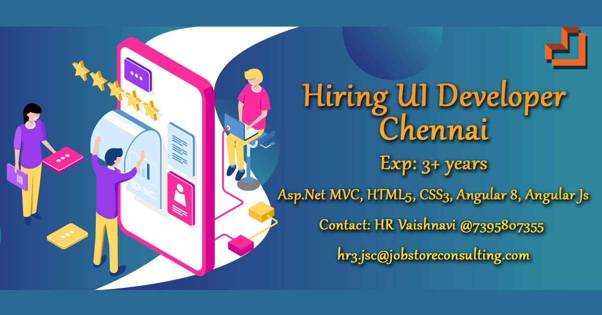 job_storec's tweet image. Hiring UI Developer
Location: Chennai
Experience: 3+ years
Skills: Asp.Net MVC, HTML5, CSS3,Angular 8, Angular Js
Contact: HR Vaishnavi @7395807355 / hr3.jsc@jobstoreconsulting.com
#HiringUIDeveloper #HiringUIDeveloperinChennai #Jobs #JobsinChennai #JobVacancy