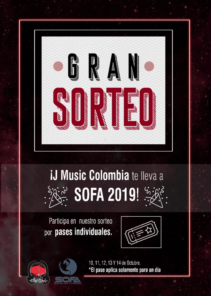 JMusic_Colombia's tweet photo. Participa por uno de los 3 pases individuales para SOFA 2019:
1. Siguenos en nuestra cuenta @JMusic_Colombia
2. Retwitea este post y dinos 3 de tus canciones favoritas de Jmusic

*Haremos un sorteo en un live el día martes 7 de octubre

#JmusicEnSOFA #JmusicMeLlevaaSOFA
#SOFA2019 https://t.co/d7WUcRKquH