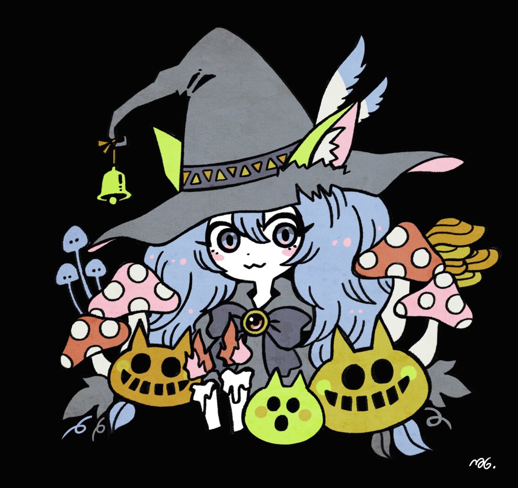 1girl hat mushroom witch hat black background animal ears long hair  illustration images