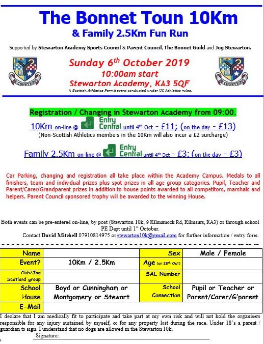Get along and join in tomorrow at the Bonnet Toun 10k &amp; 2.5k fun run and then the CSH Come &amp; Try 
📍Stewarton Academy
📅 6 October
⏰ From 10am
🥋⚽️🏑🏃‍♂️
<a href="/VibrantEAC/">Vibrant Communities</a> <a href="/EastAyrshire/">East Ayrshire</a> <a href="/Stewarton_Acad/">Stewarton Academy</a>