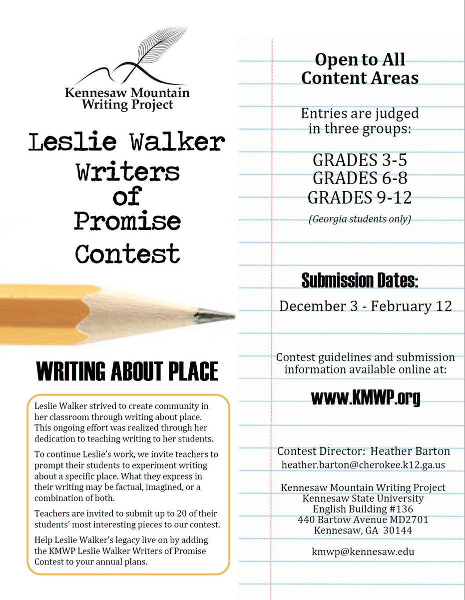 Each year, the Leslie Walker Writer of Promise contest honors writers whose interesting pieces show a strong connection to place. Visit <a href="/theKMWP/">KMWP</a>'s website  for submission information and for ideas of how to incorporate place-based writing into your classroom.
