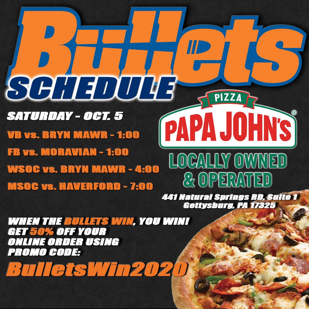gburgbullets's tweet photo. Cheer the Bullets on to victory today and get 50% off your online order at the Gburg Papa John’s! 🥳 🍕 #BulletsWin2020 #gobullets🔶🔷 #bulletspride https://t.co/seZ0kNj2Xy