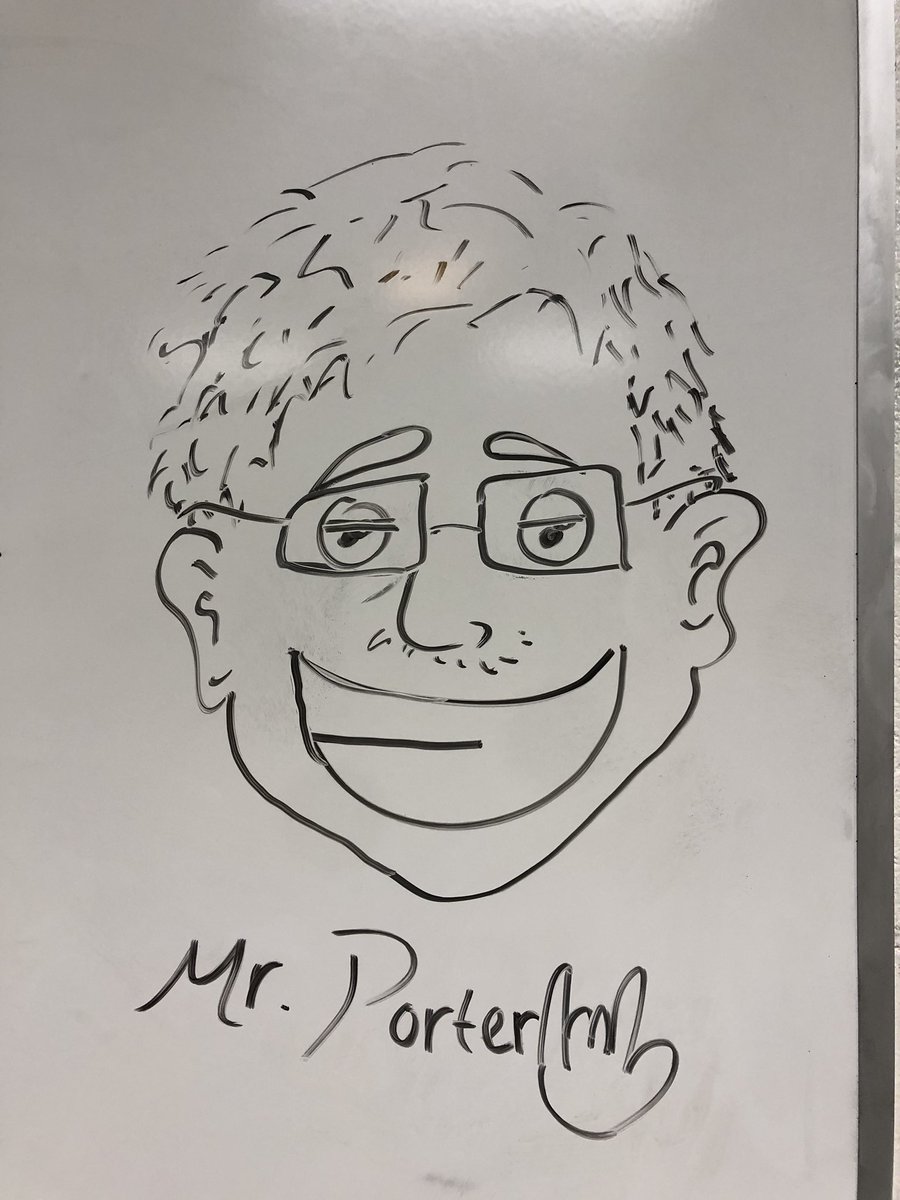 PortersSciClass's tweet photo. The highlight of this past week was coming back from #FCPSHAL training on Wednesday to this caricature of me drawn on my board 😂. Build relationships and get to know your students. It’s worth it. #teammonocacy https://t.co/lNWxrZMf4k