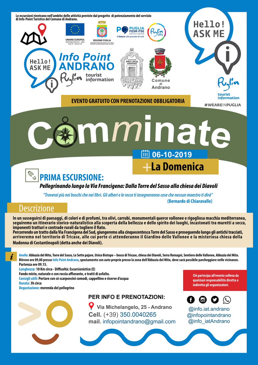 ProlocoAndrano's tweet photo. Percorso trekking."Pellegrinando lungo la via Francigena: dalla Torre del Sasso alla Chiesa dei Diavoli" Domattina, ore 9:00, partenza dal punto Info Point di Andrano (Le).
#trekking #viafrancigena #francigena #pellegrini #salento #puglia #puglia365 #infopoint #Andrano #natura https://t.co/d5r5tMle5K