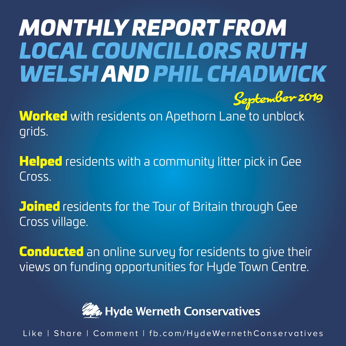 **Reporting Back**

Your local ward councillors, Ruth Welsh and Phil Chadwick work all year round in the community and not just at election time. This is a sample of the work that Ruth and Phil have done. #HydeWerneth #community #tourofbritain2019 #KeepBritainTidy
