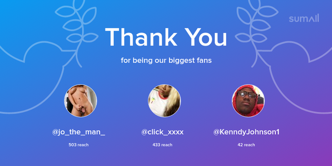 Our biggest fans this week: jo_the_man_, click_xxxx, KenndyJohnson1. Thank you! via https://t.co/MQbZ2Va1B6