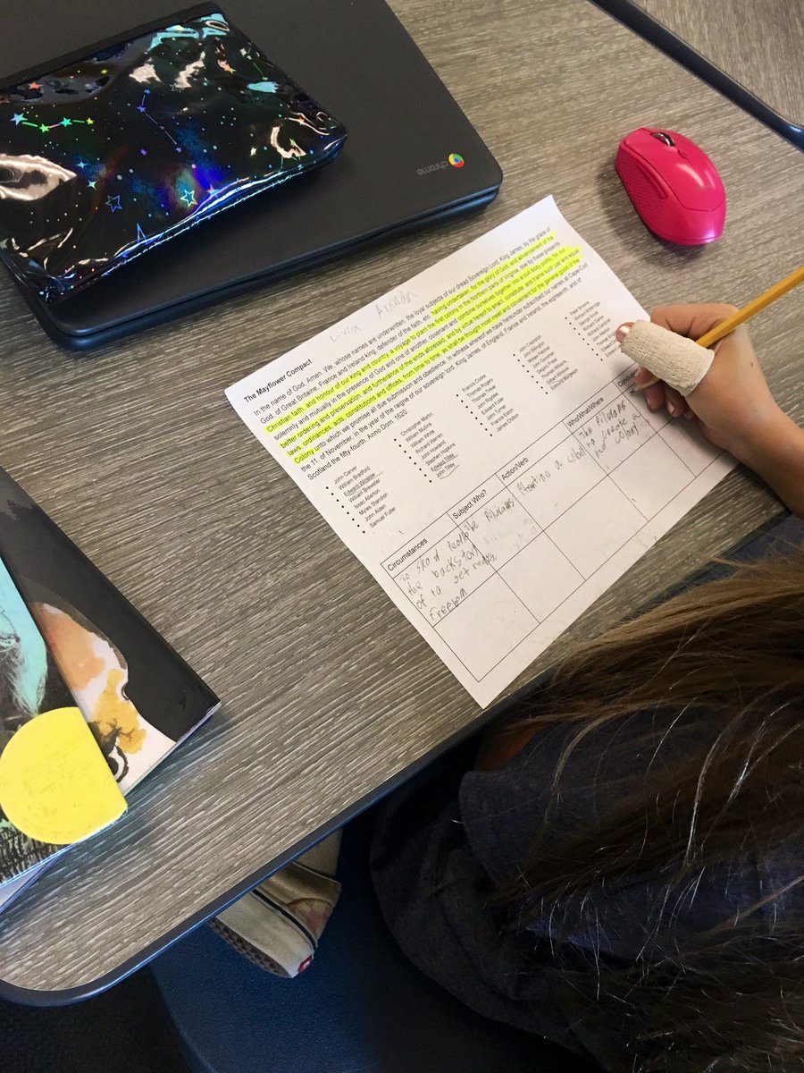 wikle5thgrade's tweet photo. Thursday we tried something I learned from @dvneighborsEDU at #GCLI19! Breaking down the Mayflower Compact to figure out who/what it’s all about &amp; why it’s important! Thx for teaching us this great strategy to create meaningful learning &amp; comprehension of a complex text. @canSTEM https://t.co/OKNreosKrG