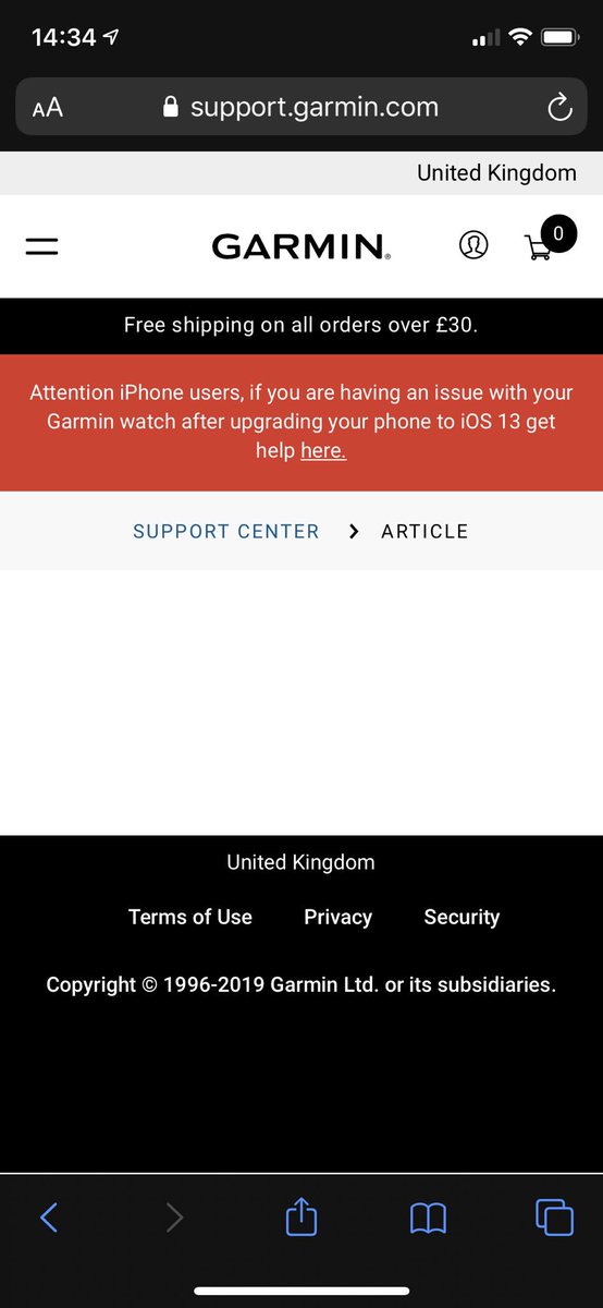 Thanks for email to the link for your support Centre <a href="/Garmin/">Garmin</a> <a href="/GarminUK/">Garmin</a> to give support for iOS 13 upgrade. But why the blank page when you click on your link? No article? No help?