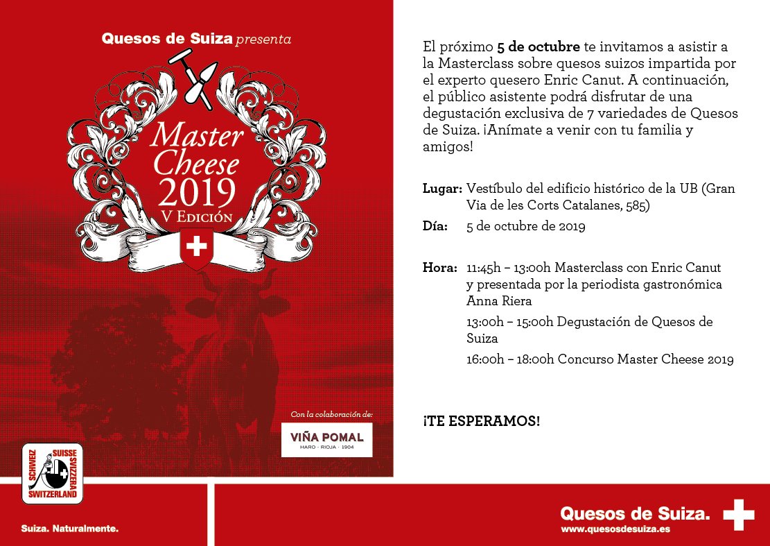 LosFoodistas's tweet photo. En unos momentos comienza el concurso para elegir a #MasterCheese #Barcelona, para el mejor catador/a de quesos de Suiza Toda la información en la #AgendaFoodista https://t.co/3xAmiW0cDX
@SwissCheeseNews https://t.co/zIaEUH0ovh