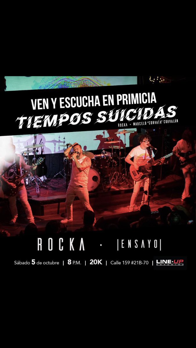 julianrocka's tweet photo. Hoy es el lanzamiento de lo nuevo de mi banda @ROCKAMUSICA a toda la gente por aquí regálenme un RT pa’ que se llene la casa !!! Graciassssss y los espero 7 pm ⚡️⚡️⚡️#tiempossuicidas https://t.co/p4xgLVlIdJ