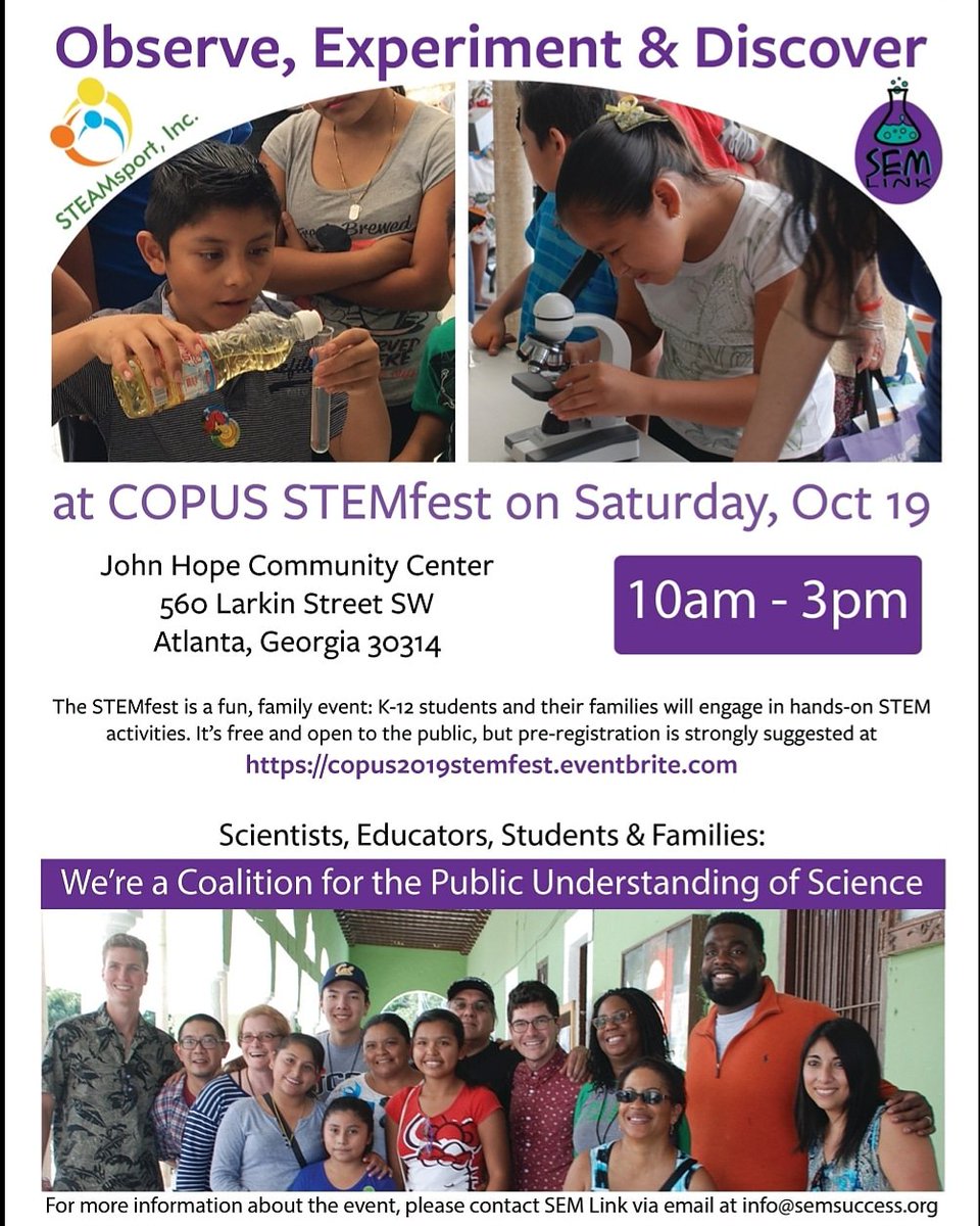 #Parents in #Atlanta check out this fun family STEM event hosted by @semlink @COPUScore & @steamsport on Saturday, October 19, 2019 from 10am-3pm copus2019stemfest.eventbrite.com #STEMport #ParentingTips #STEMintheCommunity #STEMEvents