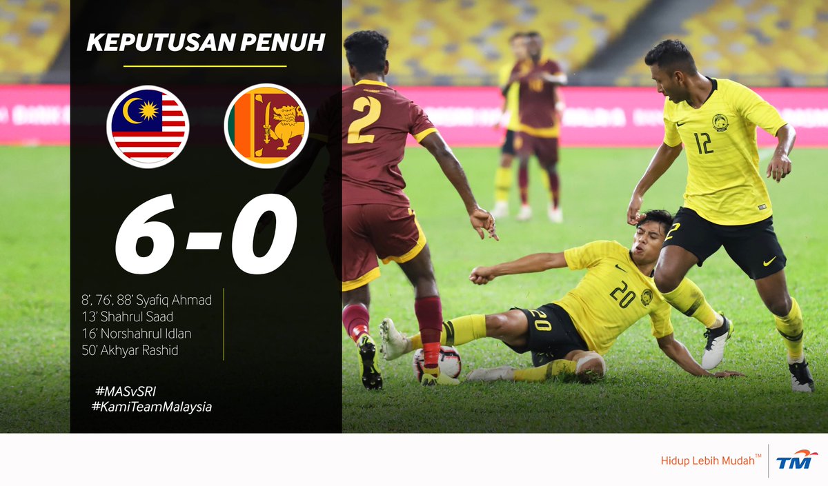 UnifiSports's tweet photo. 🎩 HAT-TRICK DARIPADA SYAFIQ AHMAD...

... dan itu telah melengkapkan kemenangan bergaya #HarimauMalaya malam ini di Stadium Nasional Bukit Jalil. 😎 #MASvSRI #WCQ #AsianQualifiers #KamiTeamMalaysia https://t.co/RsTuk6WwaY