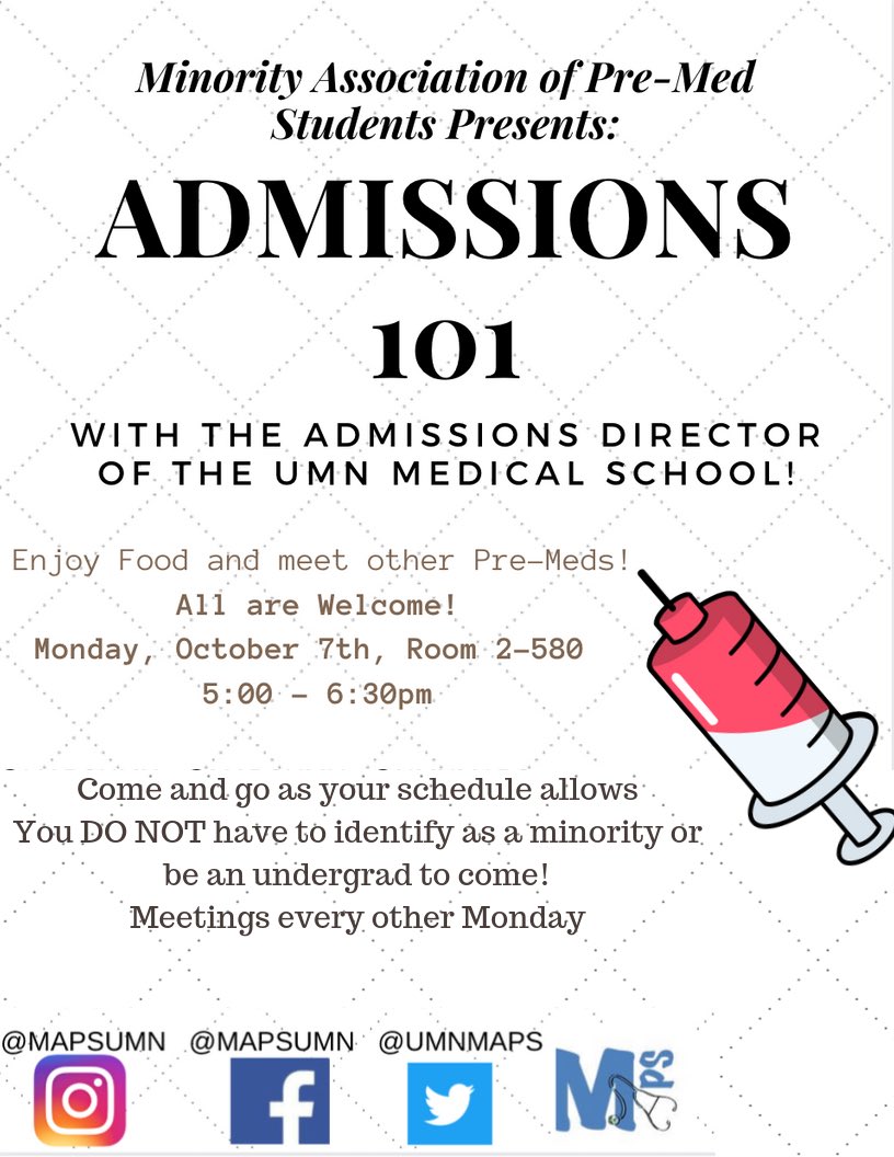 UmnMaps's tweet image. Come and learn about the medical school admissions process with the Director of Admissions at the University of Minnesota Medical School! As always, come and go as your schedule allows and come enjoy some food! We will be in room 2-580 in Malcom Moos Health Science Tower!