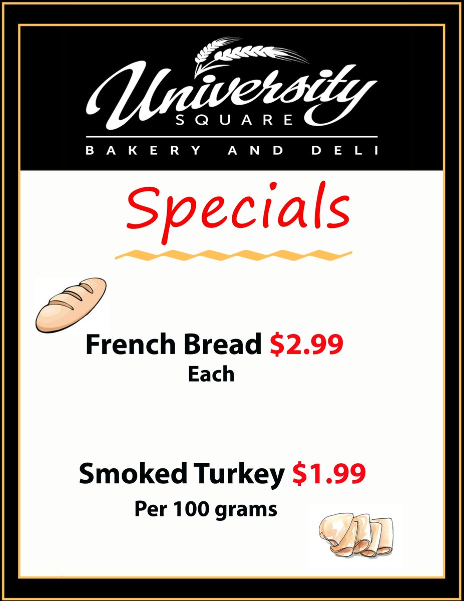 BakerySq's tweet photo. We have new specials coming your way,
French Bread $2.99 each
Smoked Turkey $1.99 per 100 grams
😋
Have a great weekend everyone!
#Guelph #Guelphbakery #universitysqbakery #guelphlocal #foodspecials #roastturkey #frenchbread #sandwiches https://t.co/ruYT9uAwkB