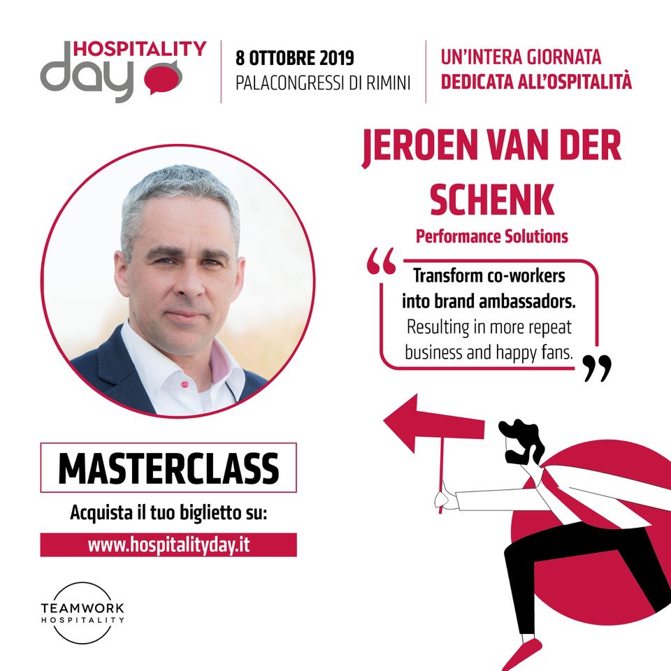 jvdschenk's tweet image. Facilitating a masterclass about Employee Engagement &amp;amp; Customer/Guest Experience at the Hospitality Day event in Rimini 🇮🇹 on October 8th, 2019! Will you be there too? 

#startreverse #employeeengagement #customerexperience #hospitality  #talentdevelopment #hospitalityday #italy