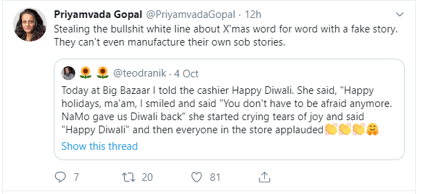 Imagine how invigorated I felt when I saw a reference to the "bullshit white line" in this tweet by the real Dr G. Nothing - nothing - is more delightful to the ultra-left mind than a frank expression of contempt for white people. Say it loud! Priya is a racist and she's proud!
