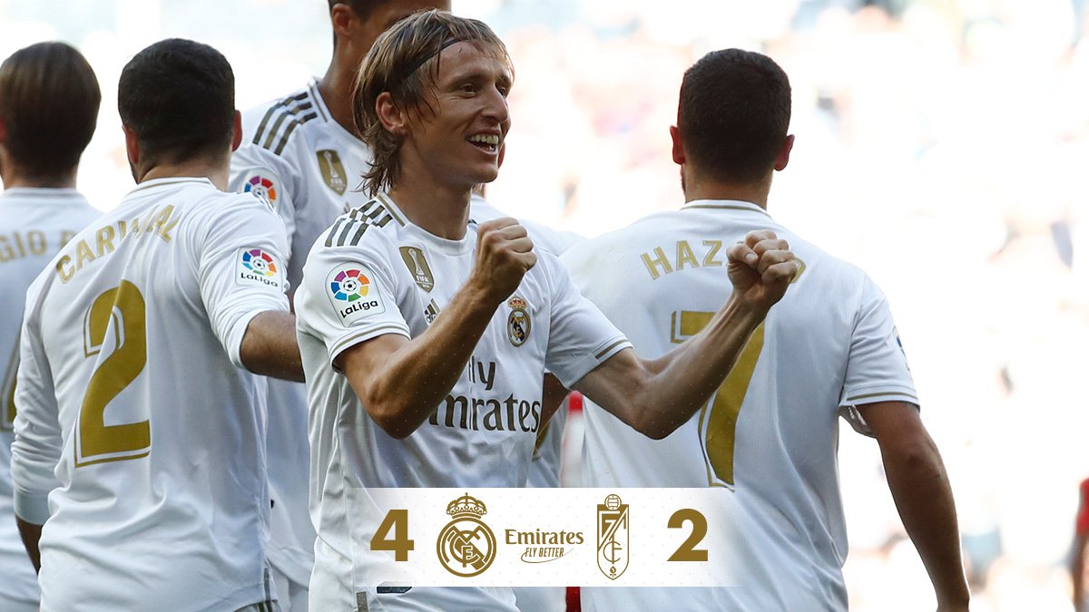 🏁 FP: <a href="/realmadriden/">Real Madrid C.F. 🇬🇧🇺🇸</a> 4-2 @GranadaCdeF 
⚽ <a href="/Benzema/">Karim Benzema</a> 2', <a href="/hazardeden10/">Eden Hazard</a> 45'+1', <a href="/lukamodric10/">Luka Modrić</a> 61', <a href="/jamesdrodriguez/">James Rodríguez</a> 90'+2'; Machís 69', Domingos Duarte 77'. 
#Emirates | #HalaMadrid