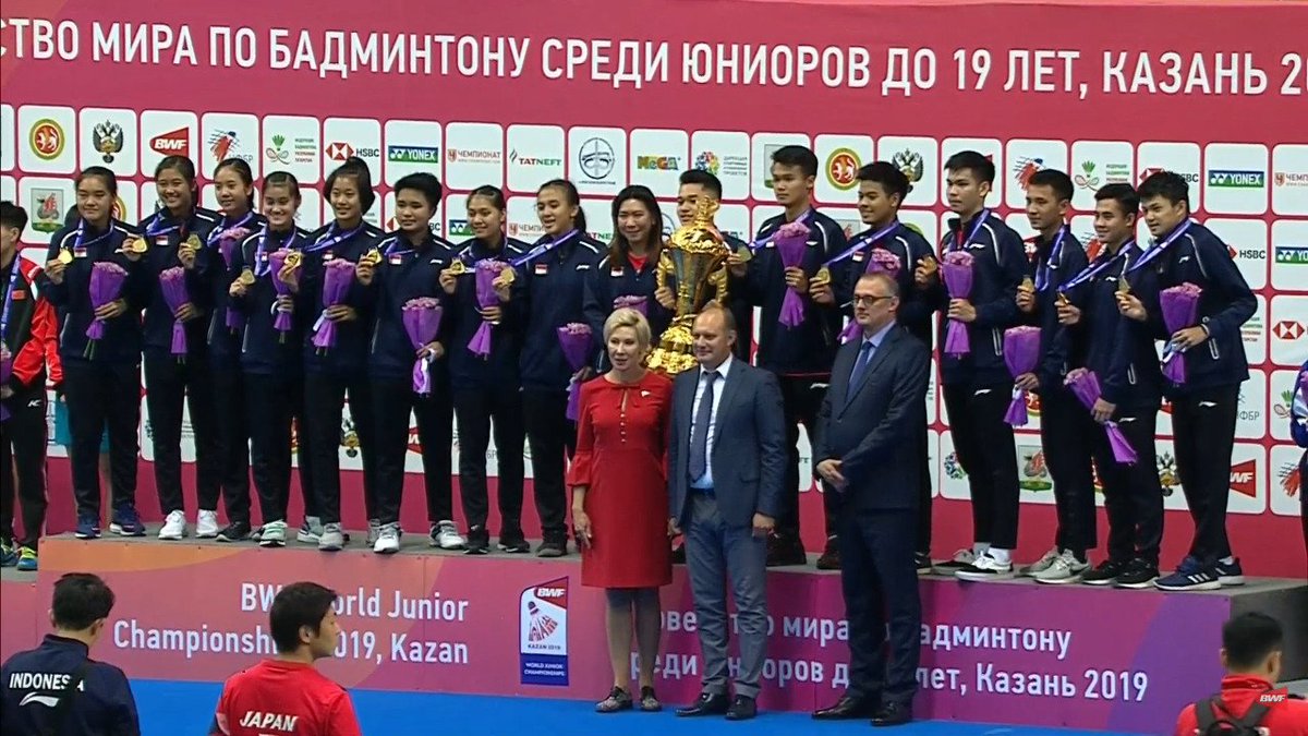 BadmintonTalk's tweet photo. Podium photo of INDONESIA, who just won the Suhandinata Cup FOR THE FIRST TIME EVER!!!

We are proud of you!!!

#WJC2019 https://t.co/RI8wijbd4O