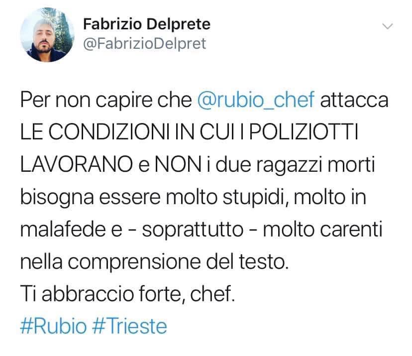 rubio_chef's tweet image. Grazie @FabrizioDelpret. Abbraccio a te e a tutti quelli che sono con me, con noi e con chi in queste ore viene manipolato nel dolore da giornalai e sciacalli senza dignità. Alla lunga il dolore lascerà il posto alla fratellanza: l’Italia🇮🇹 prima o poi tornerà in mano ai giusti.
