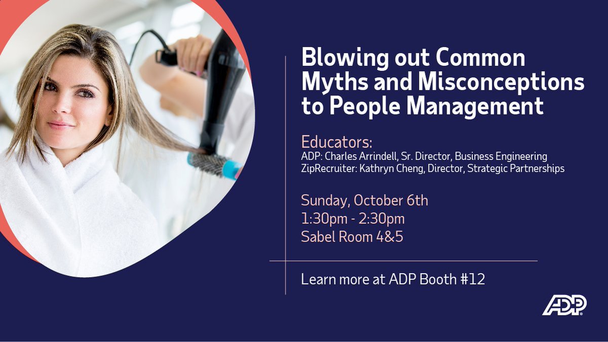 ADP's tweet photo. Running a Salon & Spa is tough-and without the right people, it's nearly impossible. If you're in Miami for #speakmastery, join us for an interactive discussion that blows out common myths and misconceptions to people management. https://t.co/2EzoCHcWkP #workingfor https://t.co/aKG3CAFtQ0
