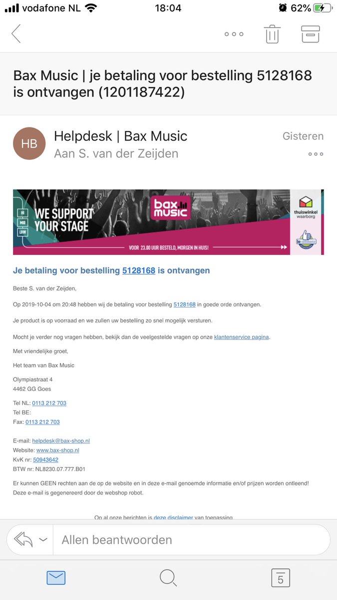 Hallo <a href="/Baxshop/">Bax-shop | Bax Music</a>. Gister voor 21:00 uur en bestelling geplaatst en betaald voor een product wat jullie op voorraad hebben. Product most vandaag gevers worden. Heb helaas nog niets. Wat gaat er mis?