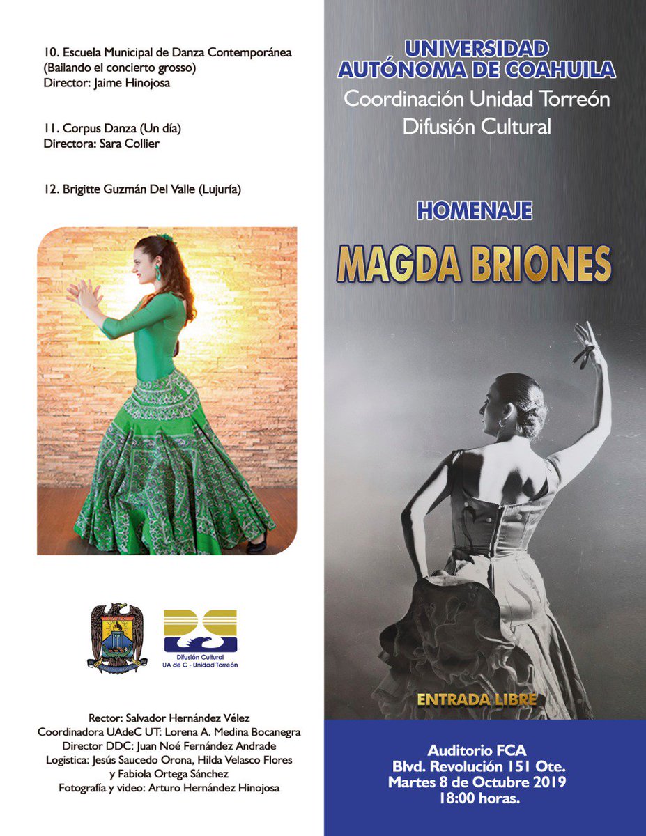 Corpus_Danza's tweet photo. 🔜Mañana | Homenaje Magda Briones 

Los esperamos en el auditorio de la FCA. 

•Entrada libre •

#CorpusDanza #Torreon https://t.co/0ySYgk5nzJ