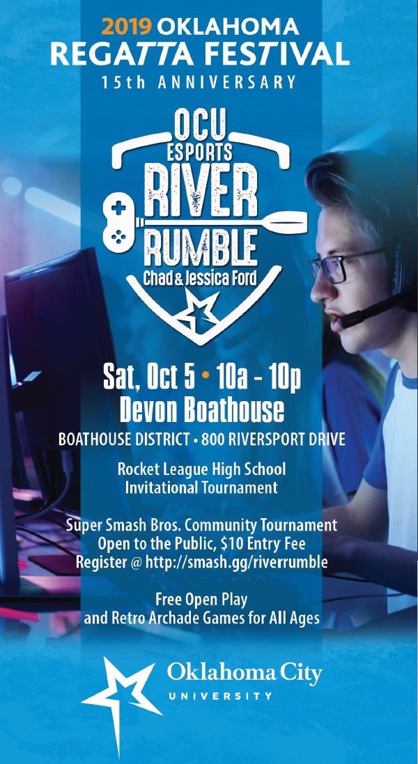 CascendPR's tweet photo. .@OKCU is hosting their 1st ever #RiverRumble TODAY at the #OKRegattaFestival. Will feature an area high school @RocketLeague invitational as well as a #SmashUltimate tournament. Guests include @Twitch streamer @ZeenigamiTV &amp; #CSGO Pro @goosebreeder! https://t.co/Uyrmfnt2hw https://t.co/lqUfkSBoYV