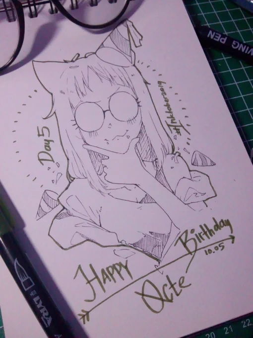 INKTOBER DAY 5"Build Up The Level, You Birthday Girl".feat. Birthday girl, Octe(Oct 10th)Have something to say to her?#inktober #inktober2019 #inktoberbuild #originalcharacter #birthdaygirl #glasses #shortbobhaircut #オリキャラ #誕生日 #メガネ #ショートカット 