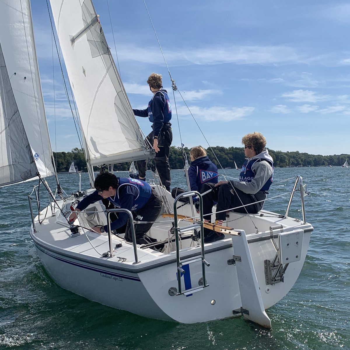 Bay crosses FIRST in race 1 at Culver (IN) keelboat qualifier!