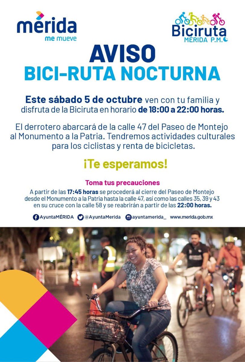 AyuntaMerida's tweet photo. Hoy tenemos Biciruta Nocturna, ¡te esperamos con toda la familia! Ven a Paseo Montejo a partir de las 6 p. m. #MéridaMeMueve https://t.co/2405gktnlj