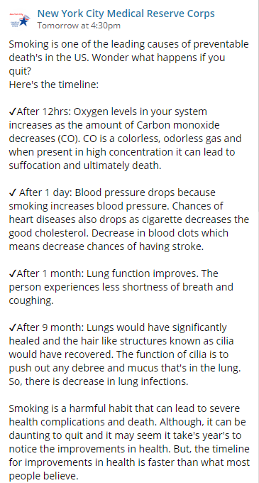 NYCMRC's tweet photo. Smoking is a harmful habit that can lead to severe health complications and death. Although, it can be daunting to quit and it may seem it take's year's to notice the improvements in health. But, the timeline for improvements in health is faster than what most people believe. https://t.co/mBaK69C1vF